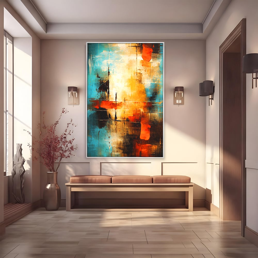 Tablou canvas cu pictura abstracta cu portocaliu si albastru, in rama de aluminiu argintiu